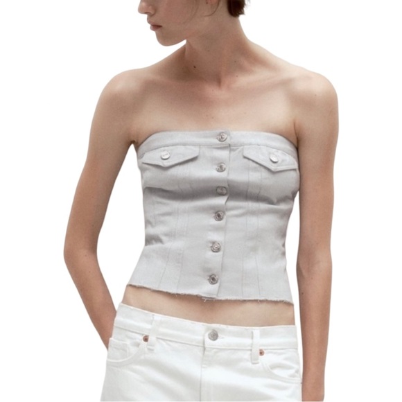 Zara Tops - ZARA Women’s Strapless Button Front Corset Style Denim CroppedTop Sz:S SilverNWT